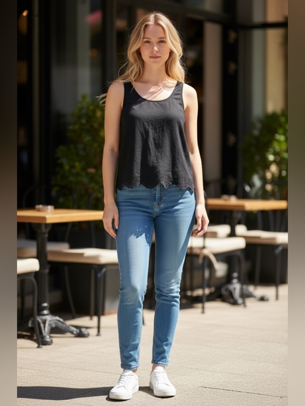 Divided Black Scoop Neck Tank Top with Scalloped Eyelet Hem